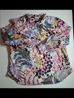 Talbots 1X Floral Button-Front Blouse in White, Blue, Pink, Yellow
